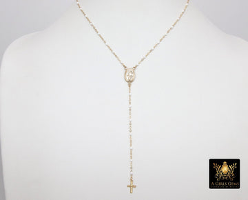 14 K Gold Filled White Beaded Satellite Cross Necklace, Virgin Mary Rosary Choker, Dainty Medallion